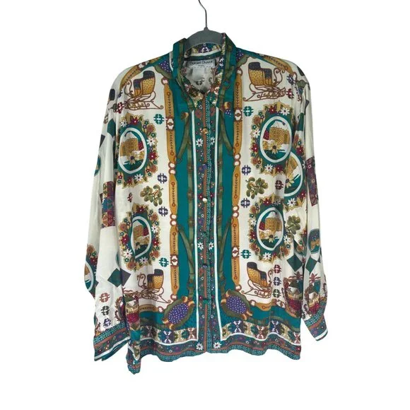 Vintage Daniel Duval Paris Multicolor Christmas Womens Blouse - Picture 2 of 10